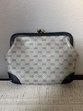 Vintage GUCCI Monogram Canvas Clutch with Navy Trim